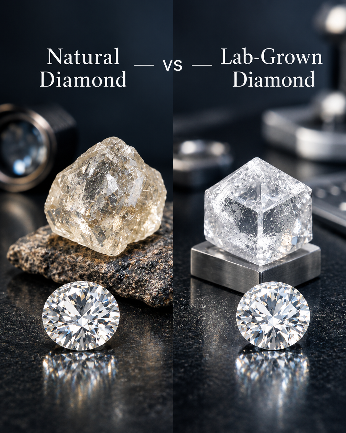 Natural Diamond vs Lab-Grown Diamond comparison showing rough crystals and round brilliant-cut diamonds in a luxury studio setting.