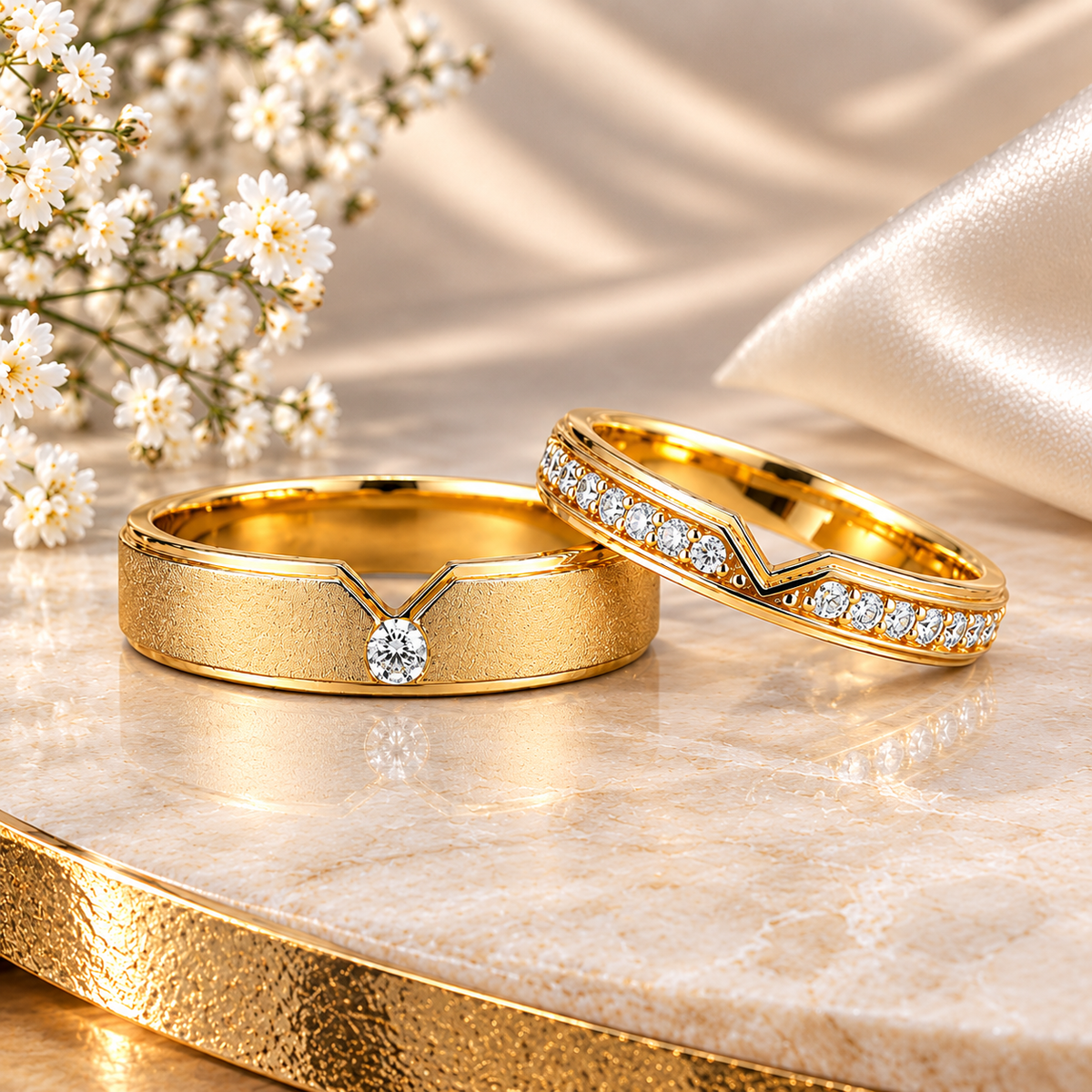 A groom and bride wedding band ring 