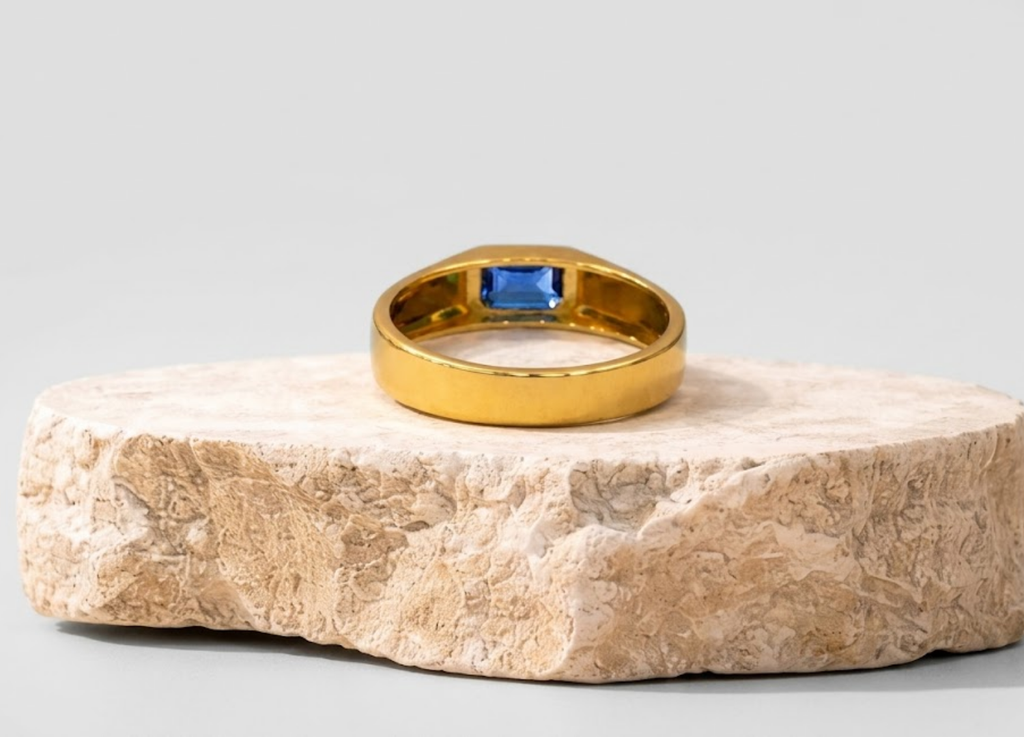 Men’s Blue Sapphire Ring in Gold – Emerald Cut Statement Ring, Luxury Signet Style Jewelry for Men
