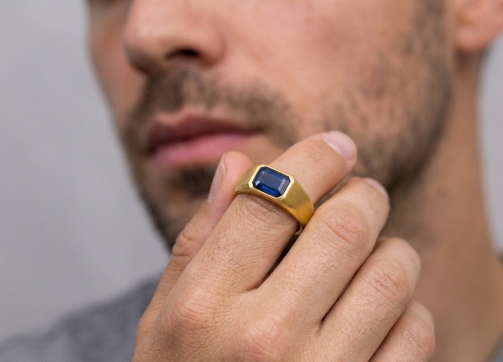 Men’s Blue Sapphire Ring in Gold – Emerald Cut Statement Ring, Luxury Signet Style Jewelry for Men