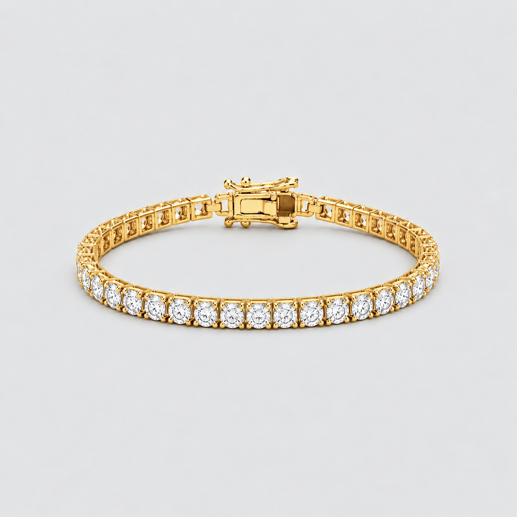 A yellow gold tennis bracelet featuring a row of round-cut clear gemstones, displayed on a neutral light gray background.