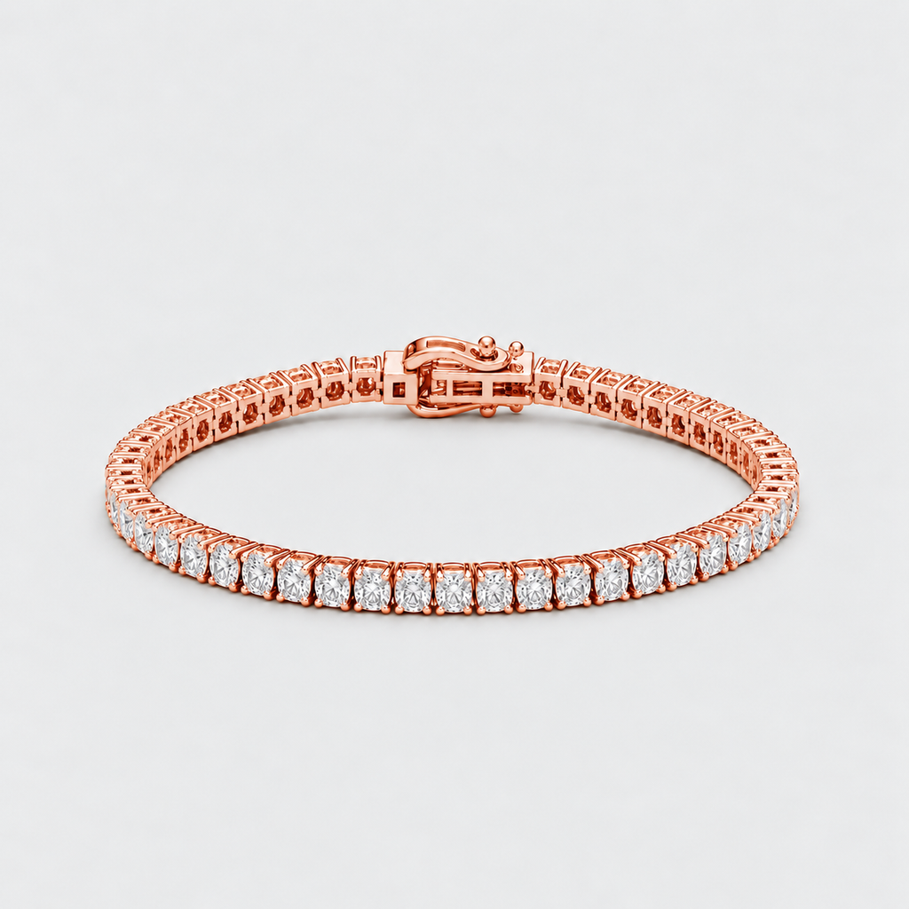 A rose gold tennis bracelet with a continuous row of round-cut clear gemstones in a prong setting, shown on a light gray background.