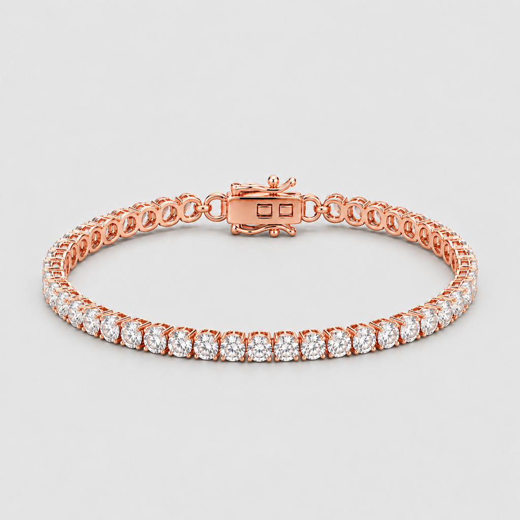 A rose gold tennis bracelet featuring a row of clear round-cut gemstones along the front, displayed on a neutral light gray background.