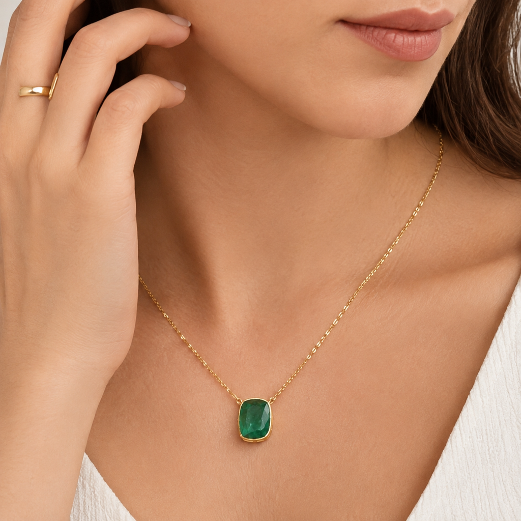 3 Ct. Cushion-Cut Emerald Pendant Necklace Bezel Set Solitaire Pendant