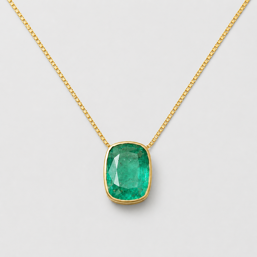 3 Ct. Cushion-Cut Emerald Pendant Necklace Bezel Set Solitaire Pendant