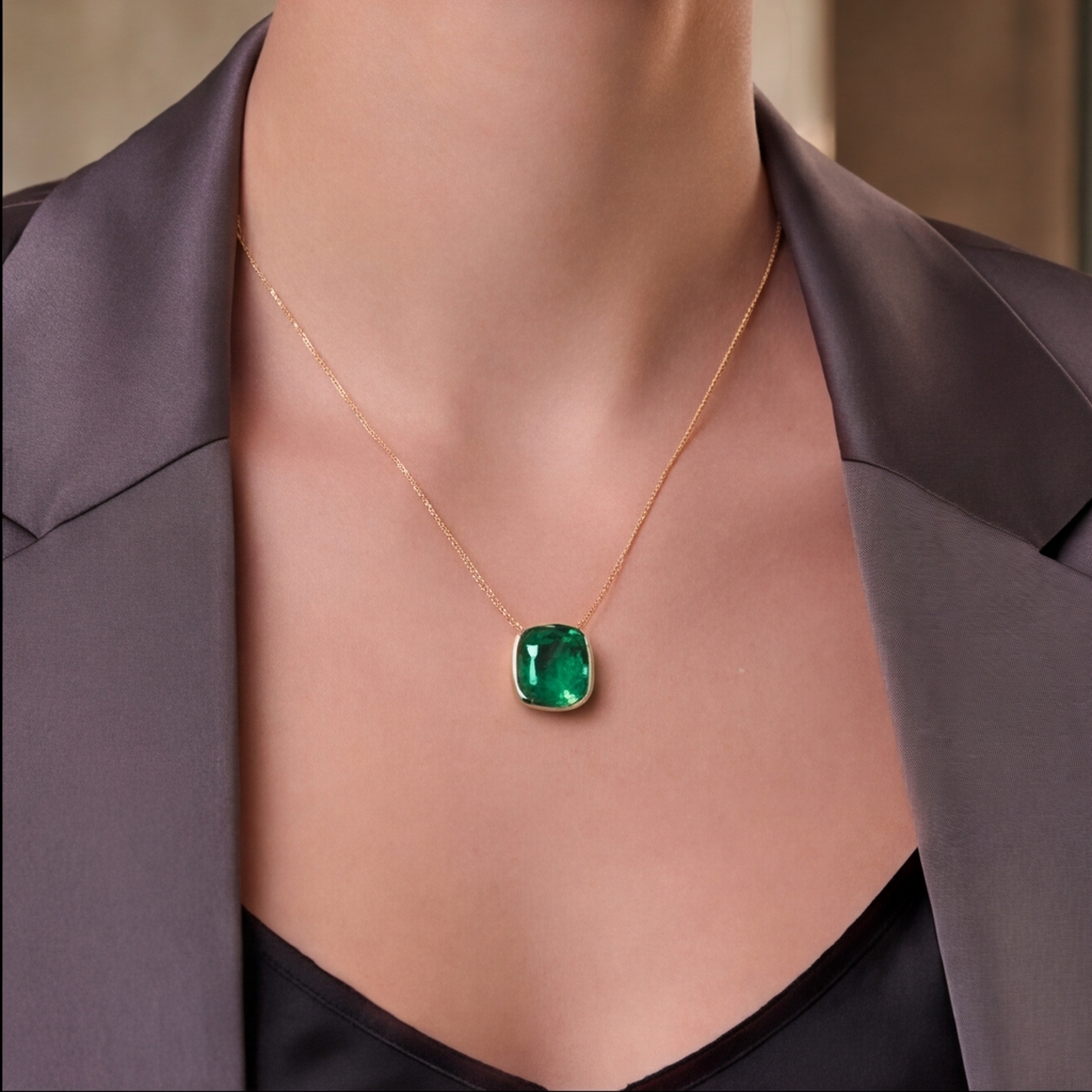 3 Ct. Cushion-Cut Emerald Pendant Necklace Bezel Set Solitaire Pendant
