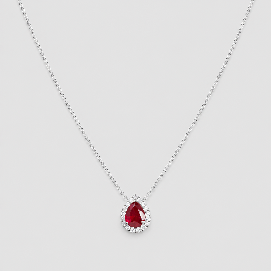1.30 Ct. Pear Cut Ruby Halo Pendant Necklace with Lab-Grown Diamonds