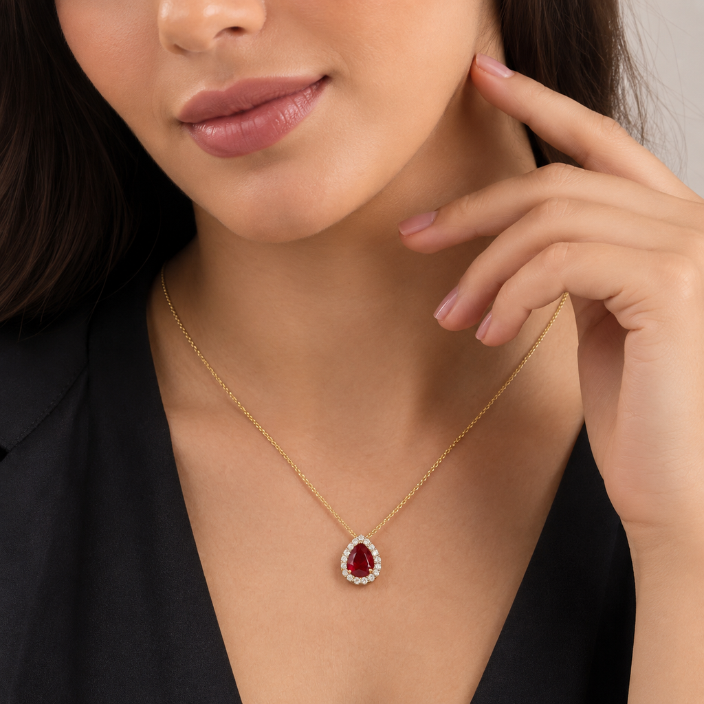 1.30 Ct. Pear Cut Ruby Halo Pendant Necklace with Lab-Grown Diamonds