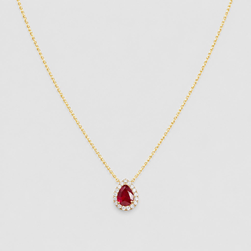 1.30 Ct. Pear Cut Ruby Halo Pendant Necklace with Lab-Grown Diamonds