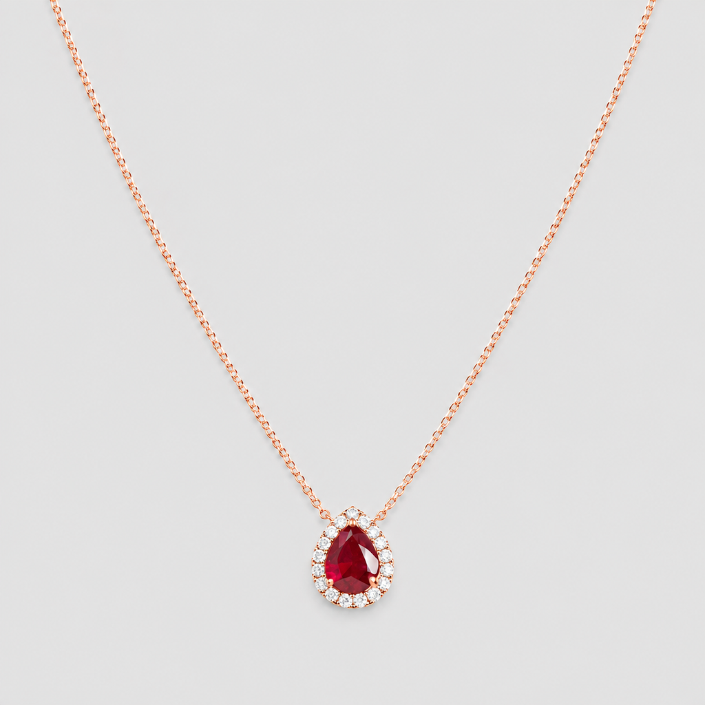 1.30 Ct. Pear Cut Ruby Halo Pendant Necklace with Lab-Grown Diamonds