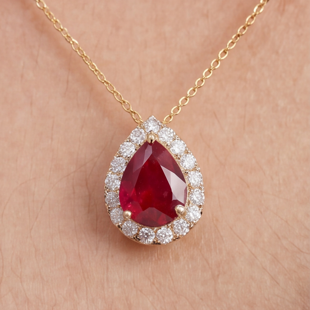 1.30 Ct. Pear Cut Ruby Halo Pendant Necklace with Lab-Grown Diamonds