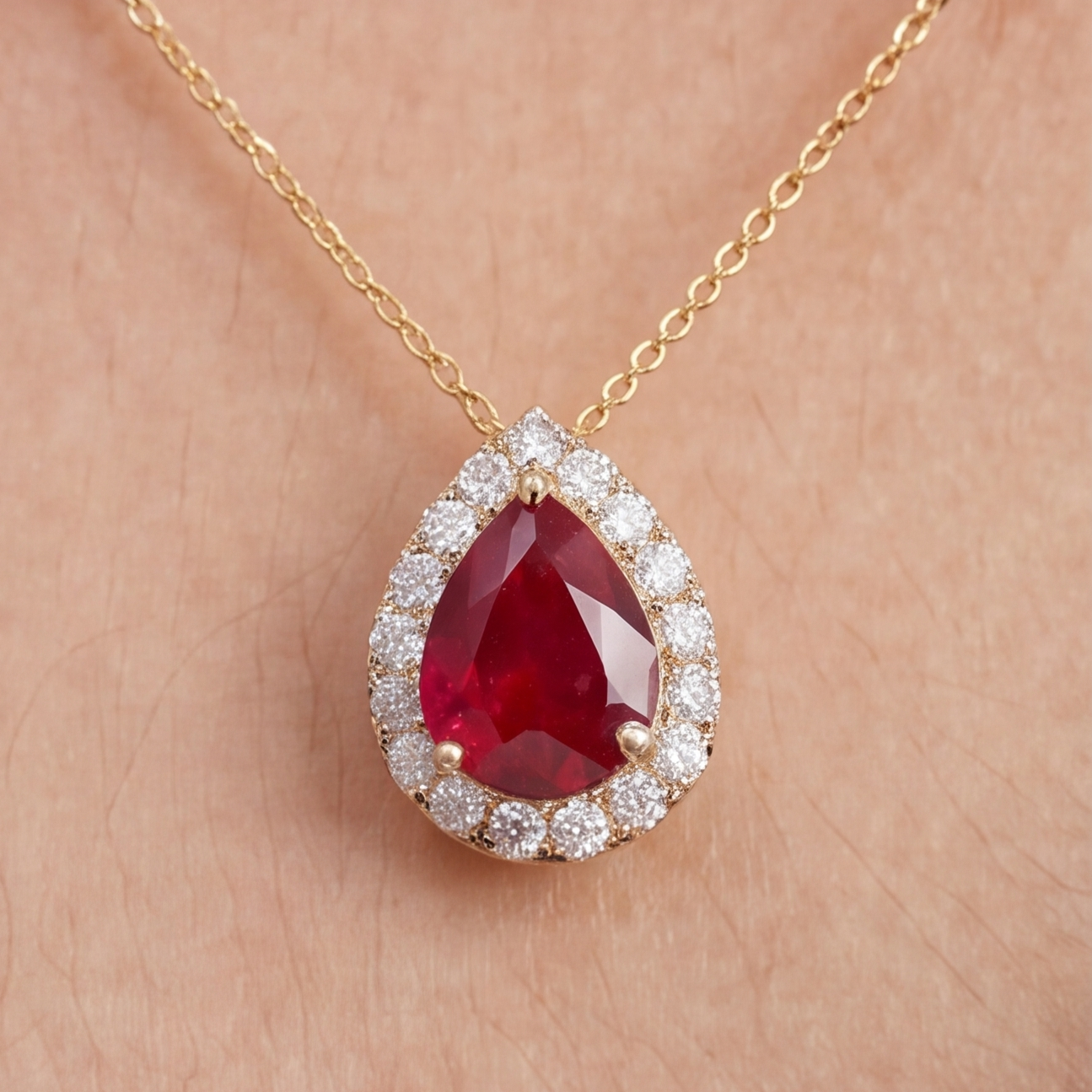 1.30 Ct. Pear Cut Ruby Halo Pendant Necklace with Lab-Grown Diamonds