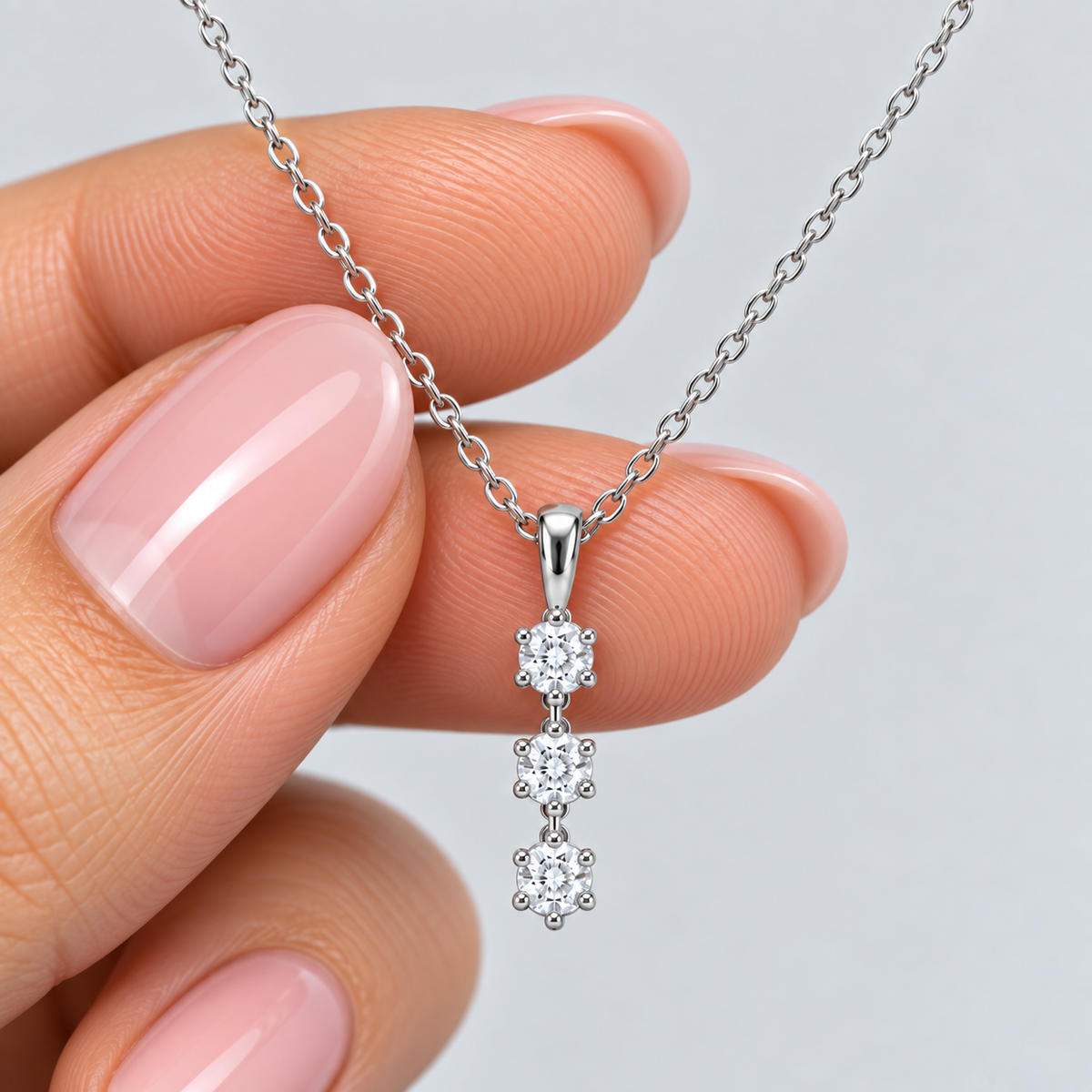 A silver-tone dangle necklace with three small clear gemstones, held between fingers against a light gray background.