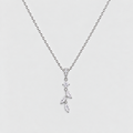 A delicate silver-toned necklace featuring a small floral and leaf pendant set with clear marquise and round-cut stones, displayed against a light gray background.