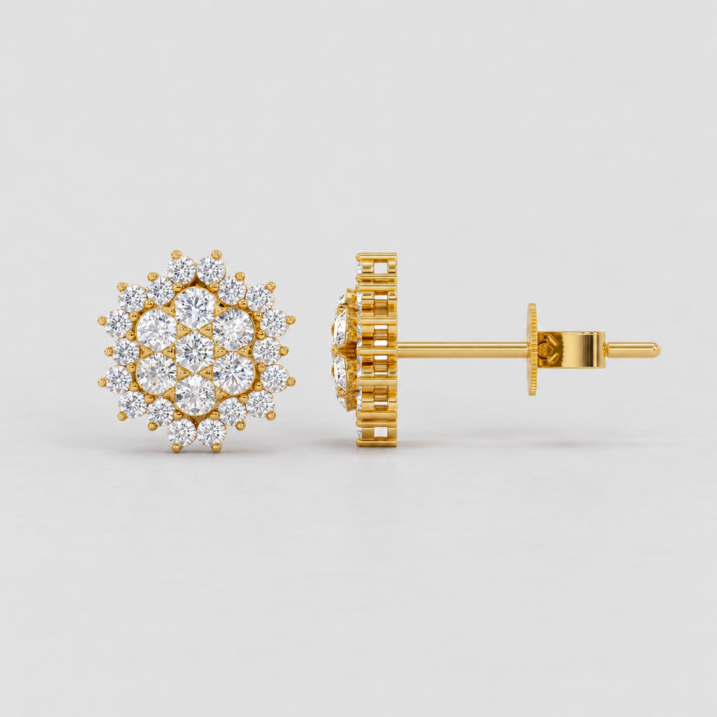 A pair of gold stud earrings with a circular cluster of clear gemstones, shown from the front and side on a light gray background.