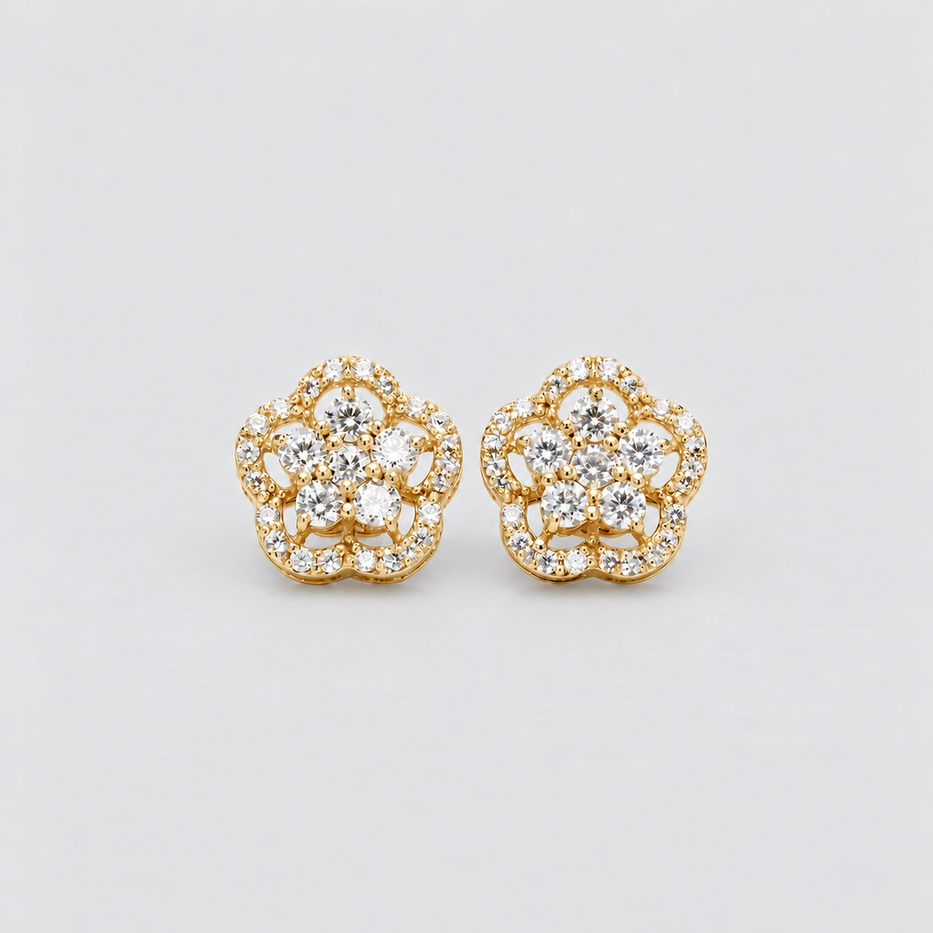 Floral diamond cluster stud earrings in yellow gold