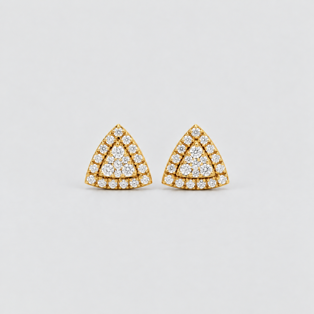 Triangular cluster diamond stud earrings for women in yellow gold