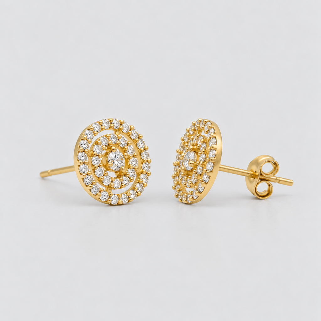 A pair of round gold stud earrings clustered with micro-pave diamonds, displayed from the front and side angles inside a digital image editor interface.