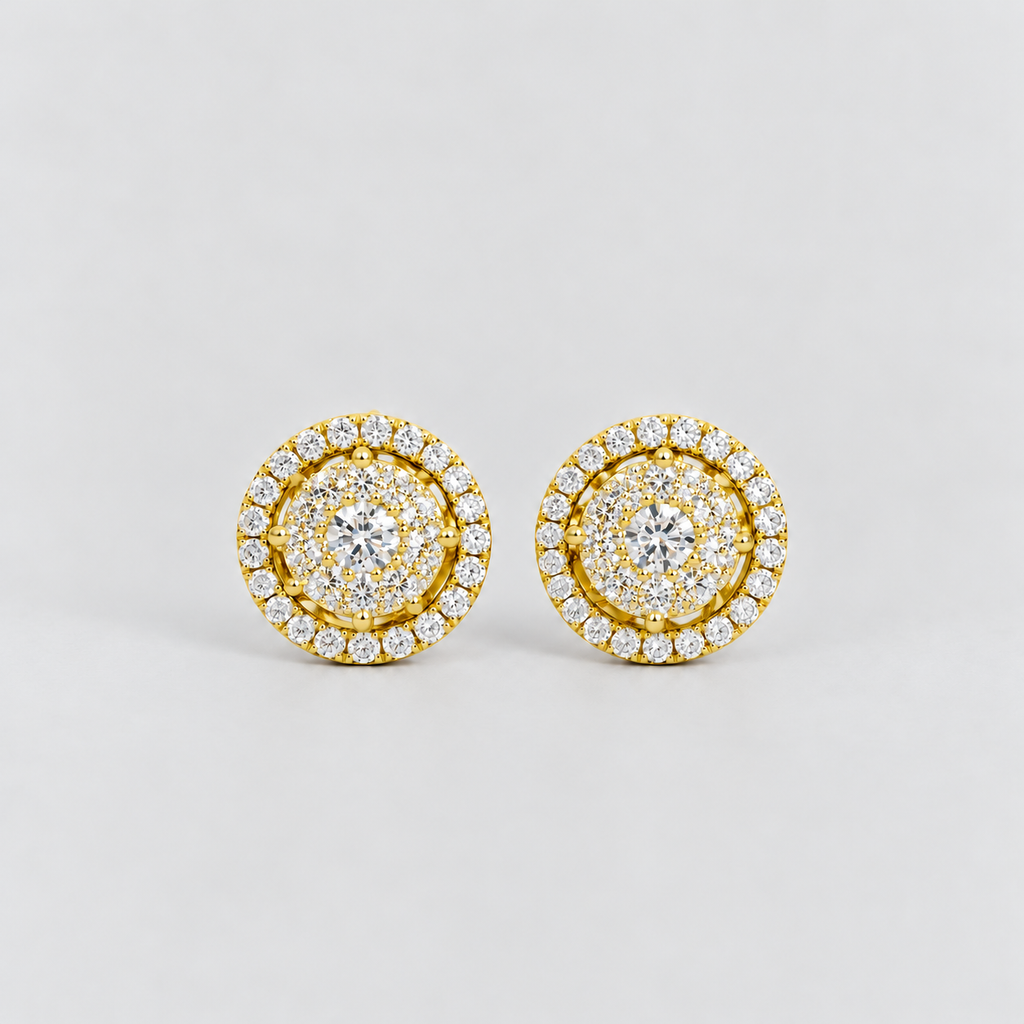 Round cluster diamond stud earrings in yellow gold with a halo border