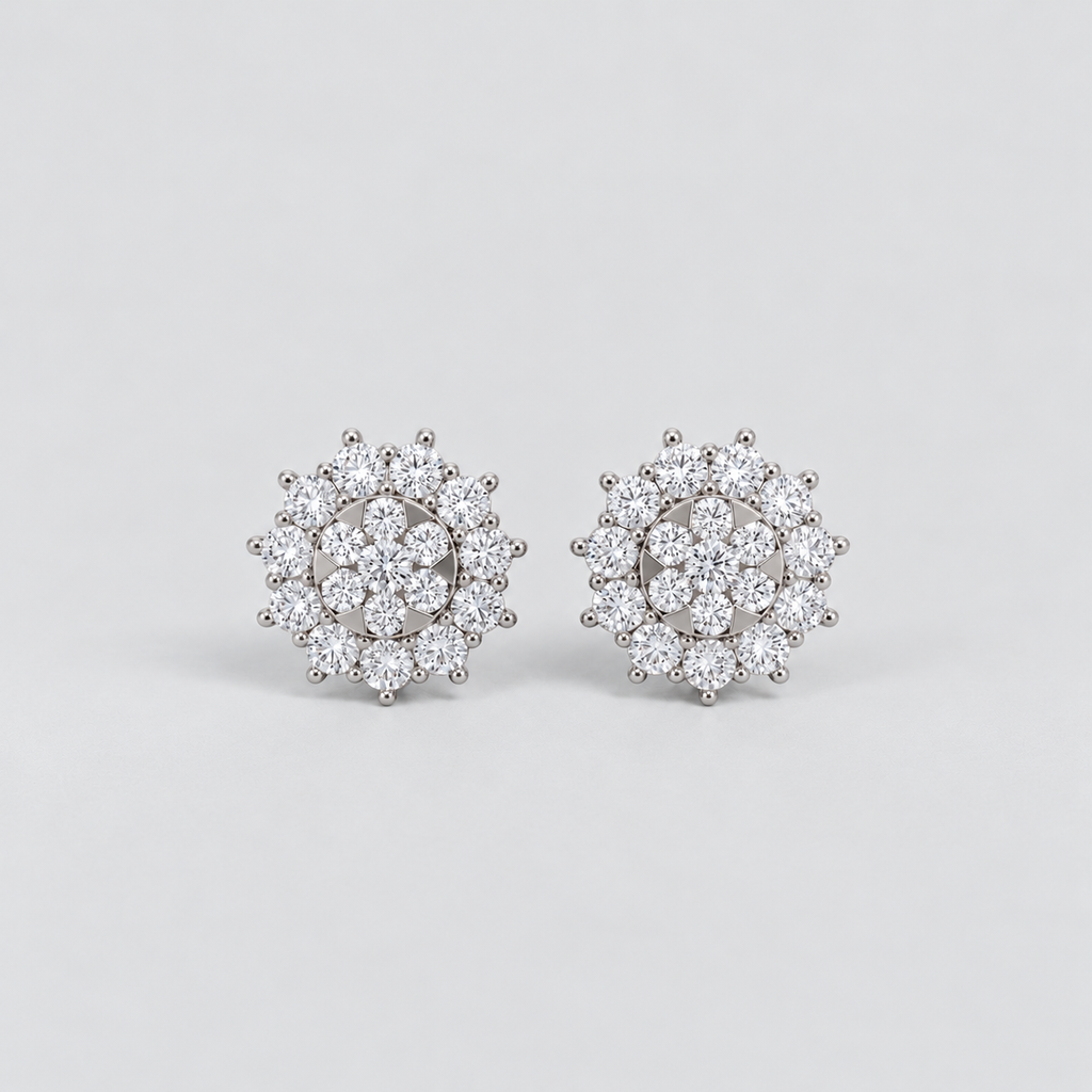 Elegant cluster diamond stud earrings for women, floral halo design with round cut diamonds in white gold.