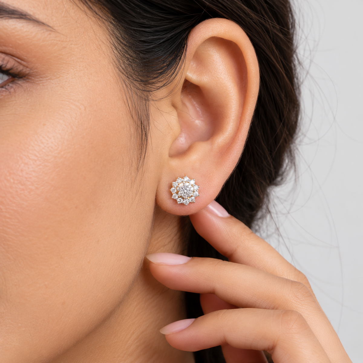 Round cluster diamond stud earring in white gold for women