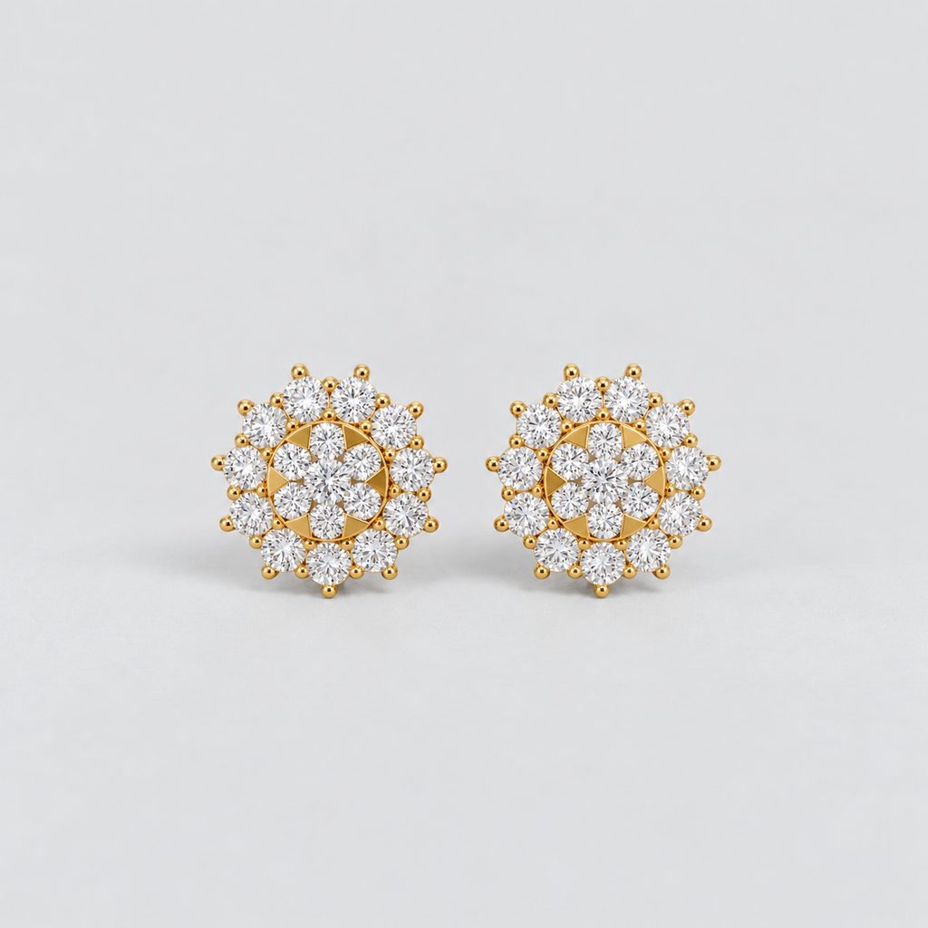 Elegant cluster diamond stud earrings for women, floral halo design with round cut diamonds in yellow gold.