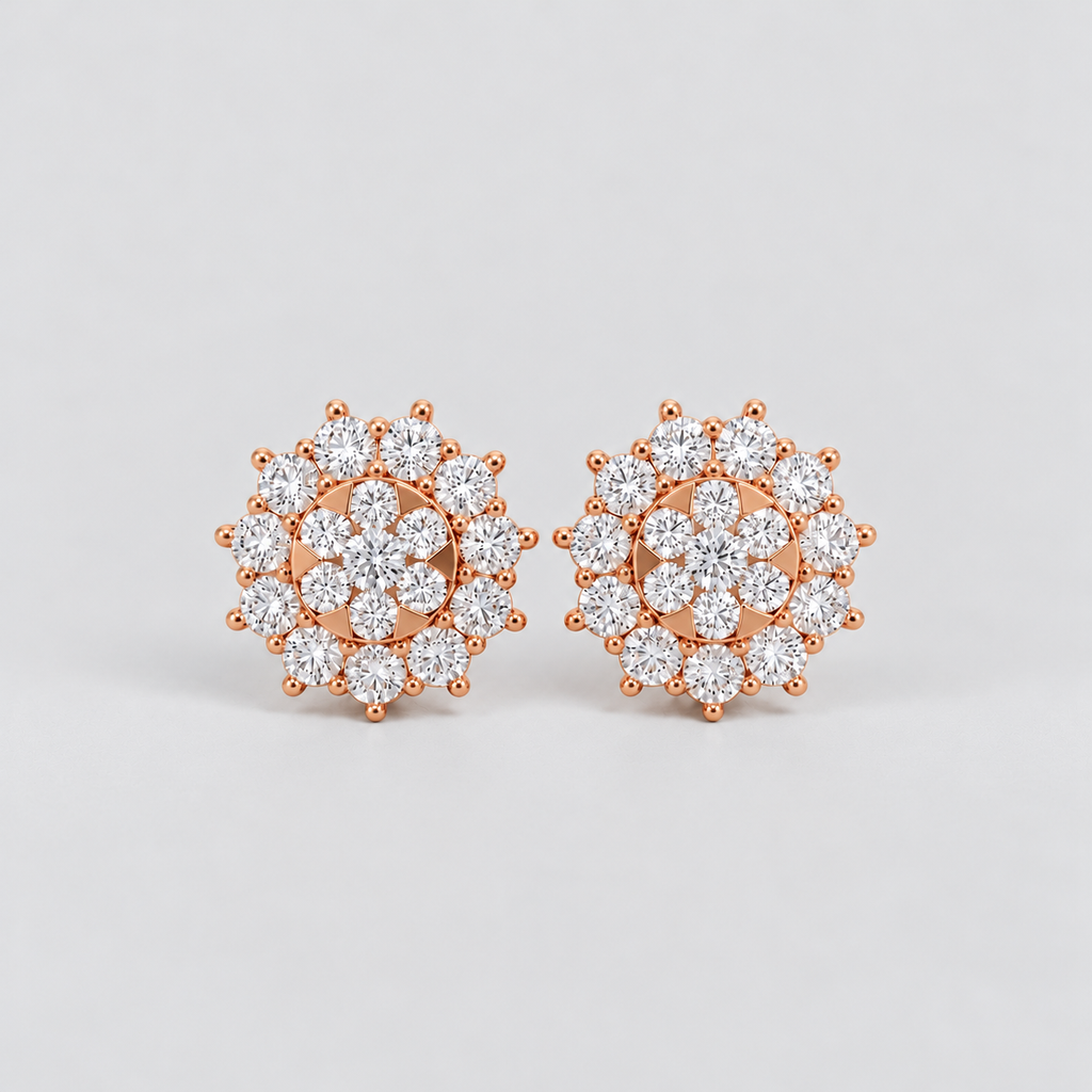 Elegant cluster diamond stud earrings for women, floral halo design with round cut diamonds in rose gold.