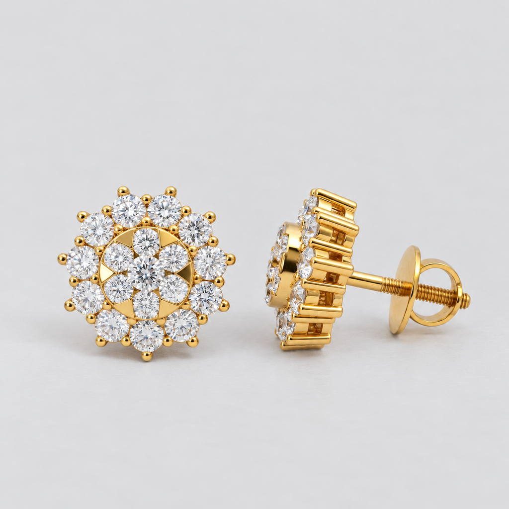 Pair of gold floral cluster diamond studs with screw back post for women