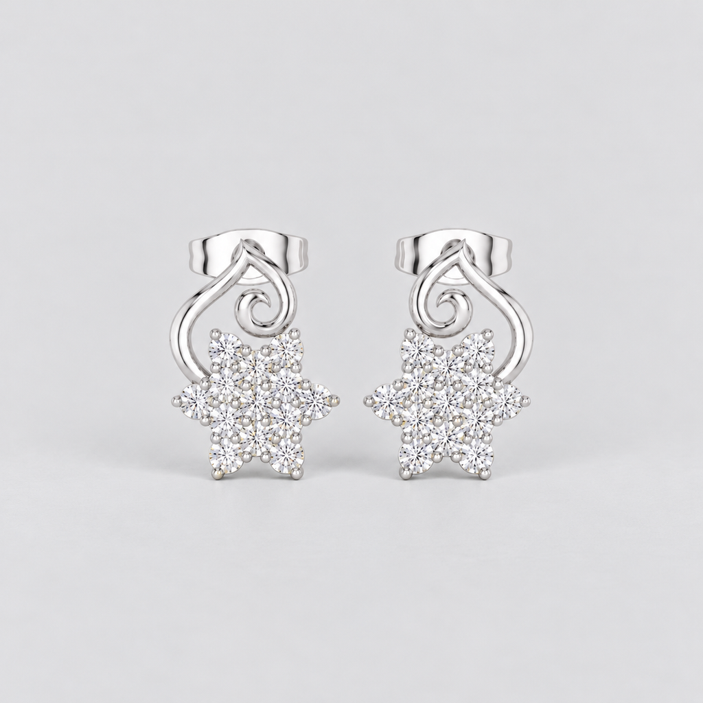 Women's cluster diamond white gold stud earrings featuring a flower design and secure screw-back closures.