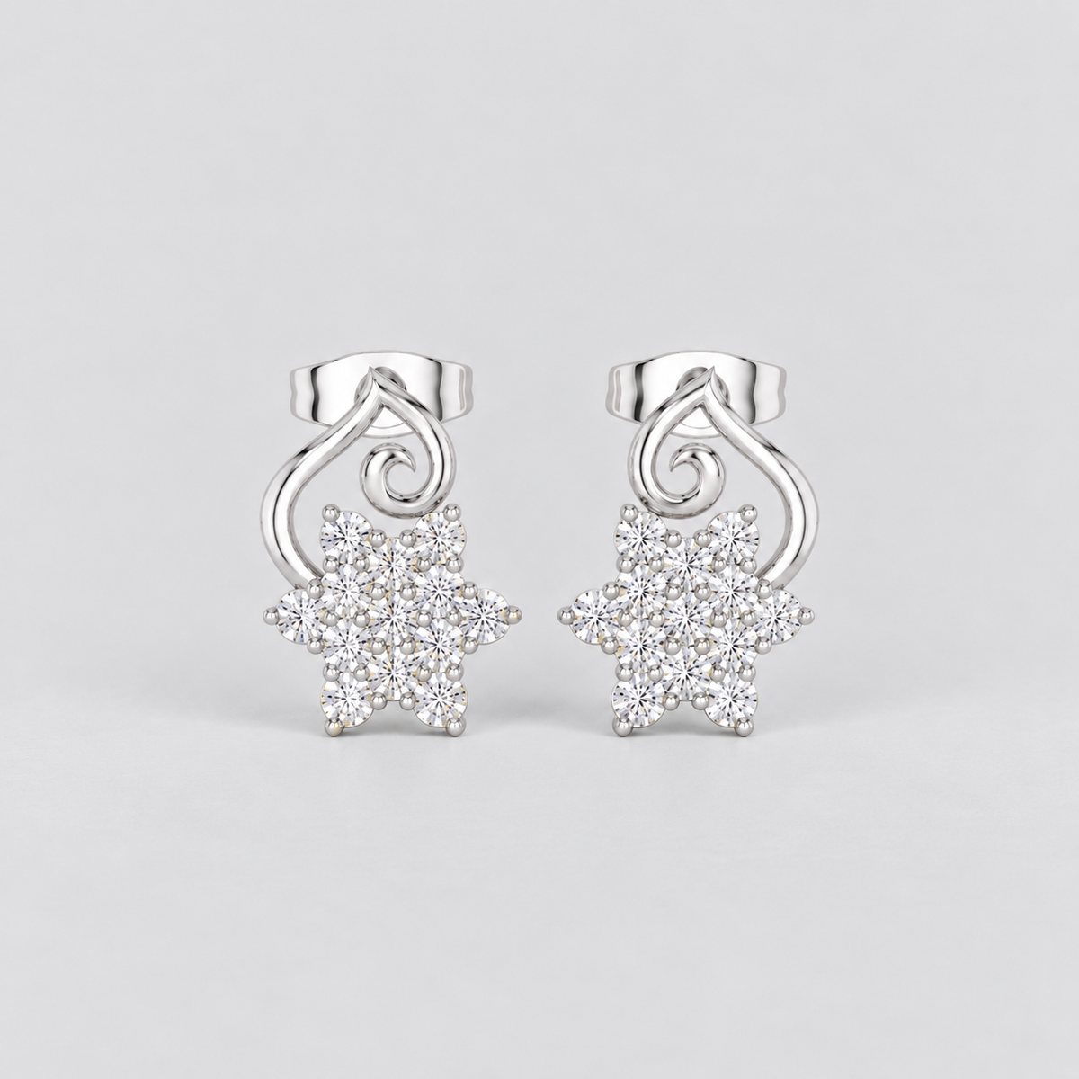 Women's cluster diamond white gold stud earrings featuring a flower design and secure screw-back closures.