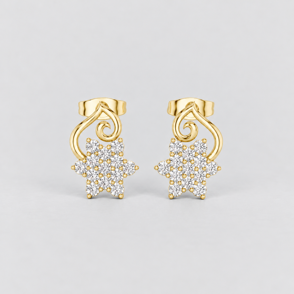 Women's cluster diamond yellow gold stud earrings featuring a flower design and secure screw-back closures.