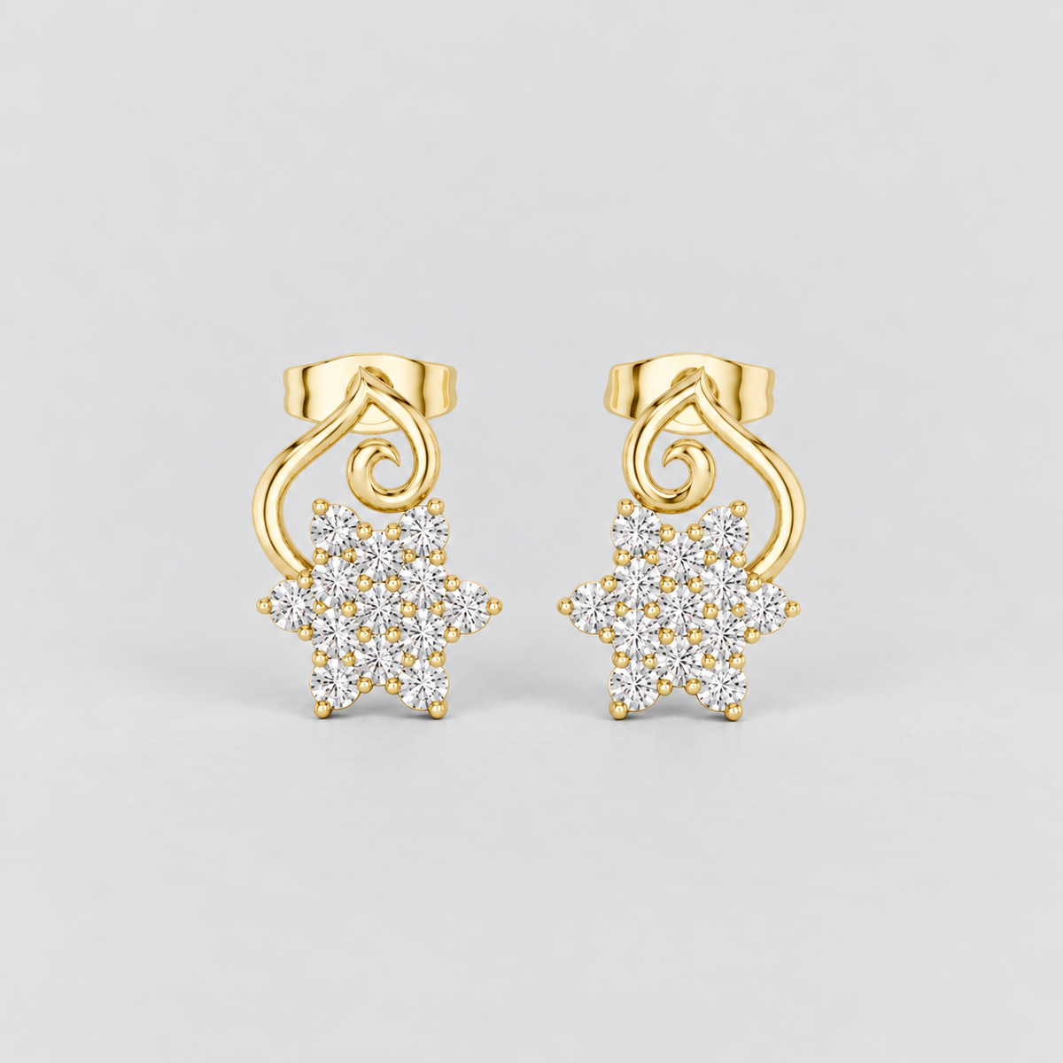 Women's cluster diamond yellow gold stud earrings featuring a flower design and secure screw-back closures.