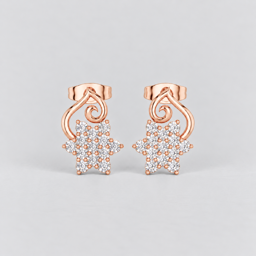 Women's cluster diamond rose gold stud earrings featuring a flower design and secure screw-back closures.