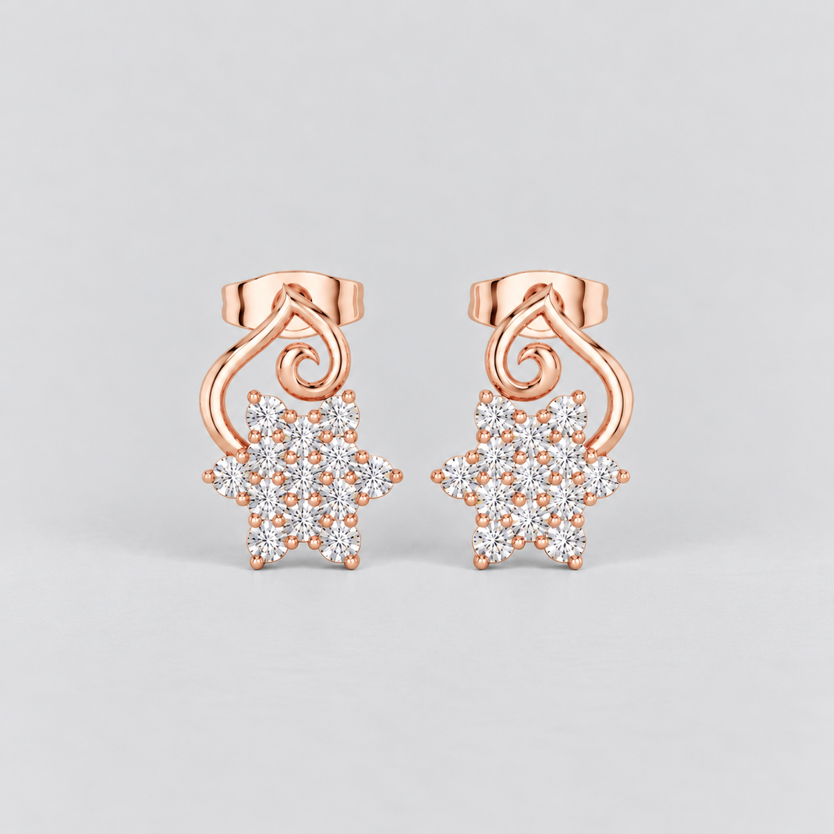 Women's cluster diamond rose gold stud earrings featuring a flower design and secure screw-back closures.