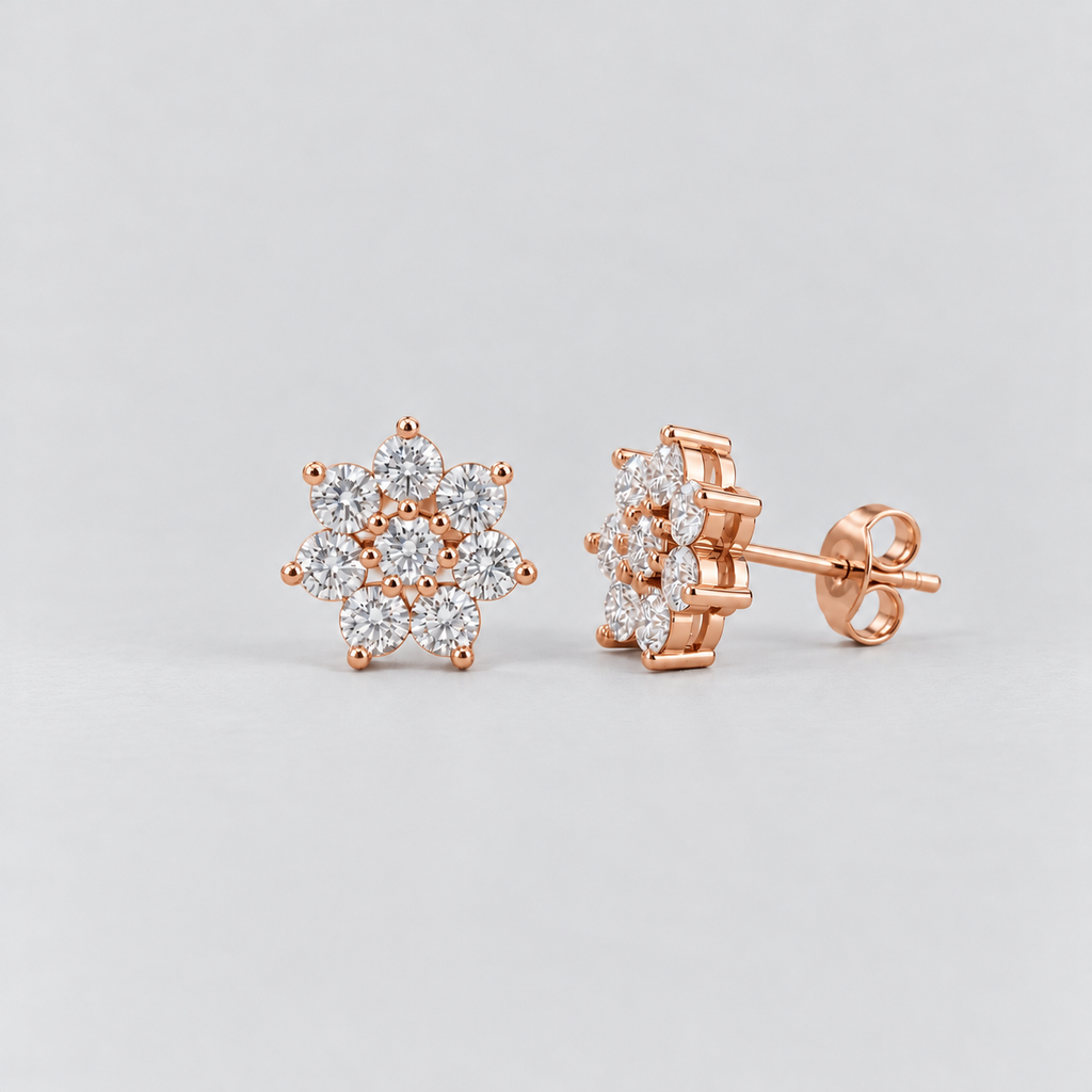 A pair of flower-shaped cluster diamond stud earrings in a rose gold setting.
