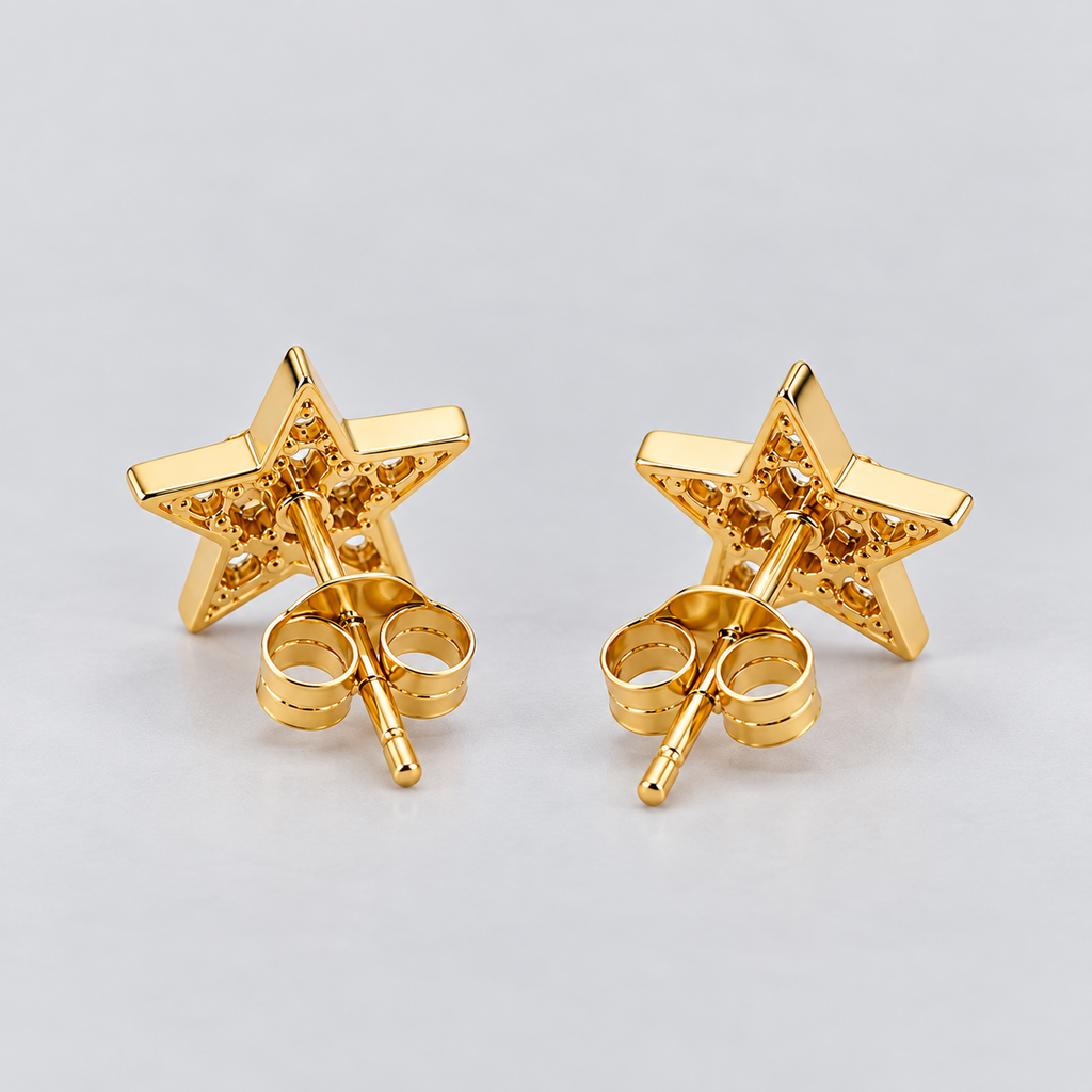 A pair of gold star-shaped stud earrings shown from the back, displaying the butterfly clutch backings, on a light gray background.