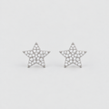 A pair of star-shaped stud earrings paved with small clear stones in a silver-tone setting, displayed on a clean light gray background.