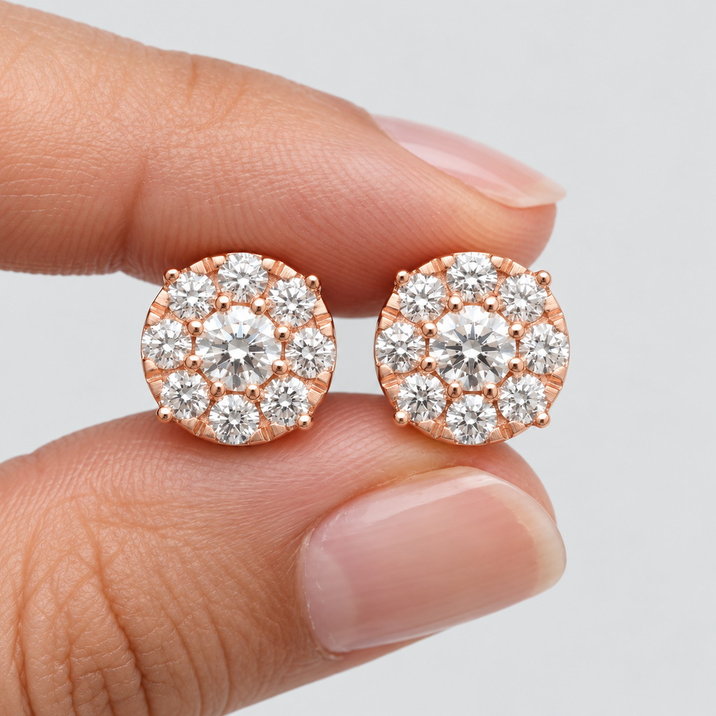A close-up of a person's fingers holding a pair of round rose gold stud earrings set with multiple clear gemstones, against a light gray background.