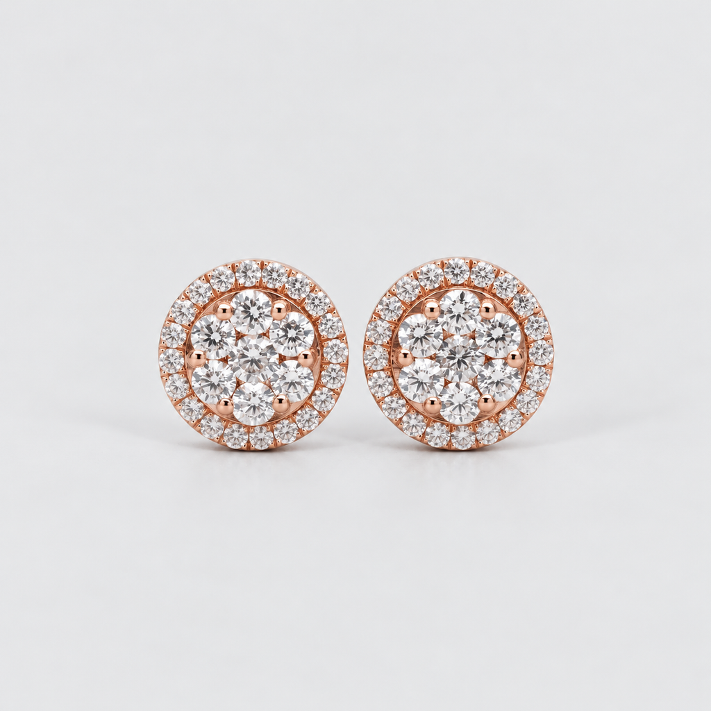 A pair of round rose gold stud earrings with multiple round-cut clear gemstones in a halo setting, displayed on a clean light gray background.