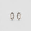 A pair of marquise-shaped stud earrings with clear gemstones in a silver-toned setting, photographed on a clean light gray background.