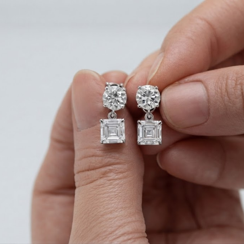 7 Ct. Round & Asscher Cut Lab Grown Diamond Dangle Earrings (EF-VS)