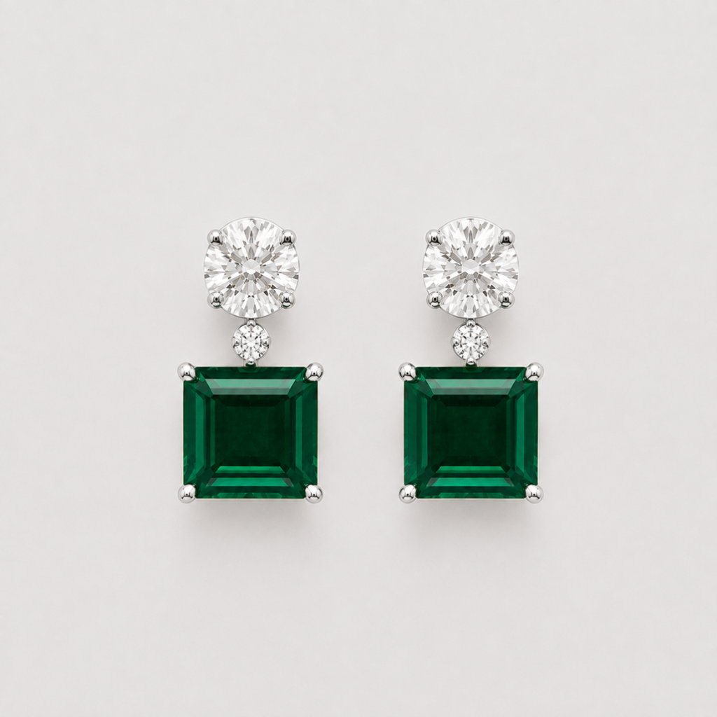 6.40 Ct. Round Lab Grown Diamond & Asscher Cut Emerald Dangle Earrings (VS-EF)