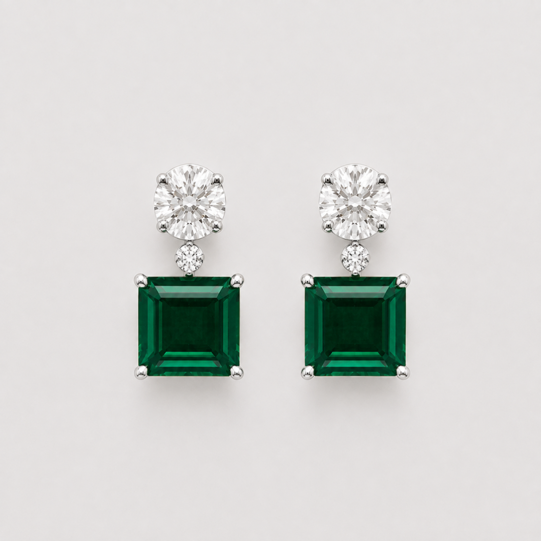 6.40 Ct. Round Lab Grown Diamond & Asscher Cut Emerald Dangle Earrings (VS-EF)