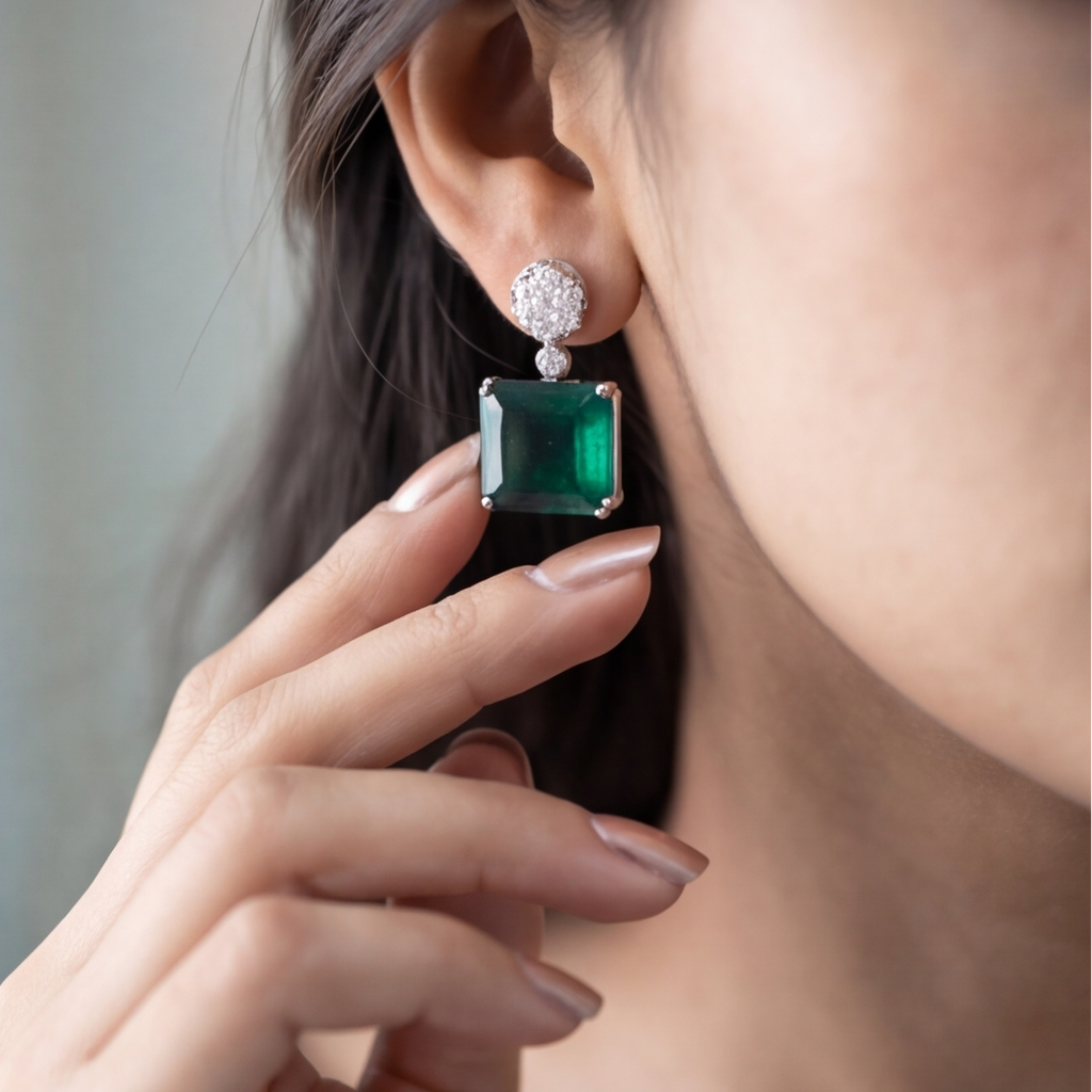 6.40 Ct. Round Lab Grown Diamond & Asscher Cut Emerald Dangle Earrings (VS-EF)