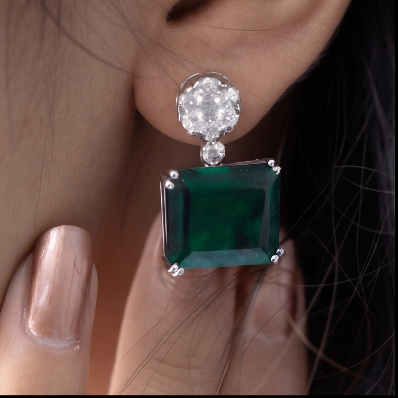 6.40 Ct. Round Lab Grown Diamond & Asscher Cut Emerald Dangle Earrings (VS-EF)