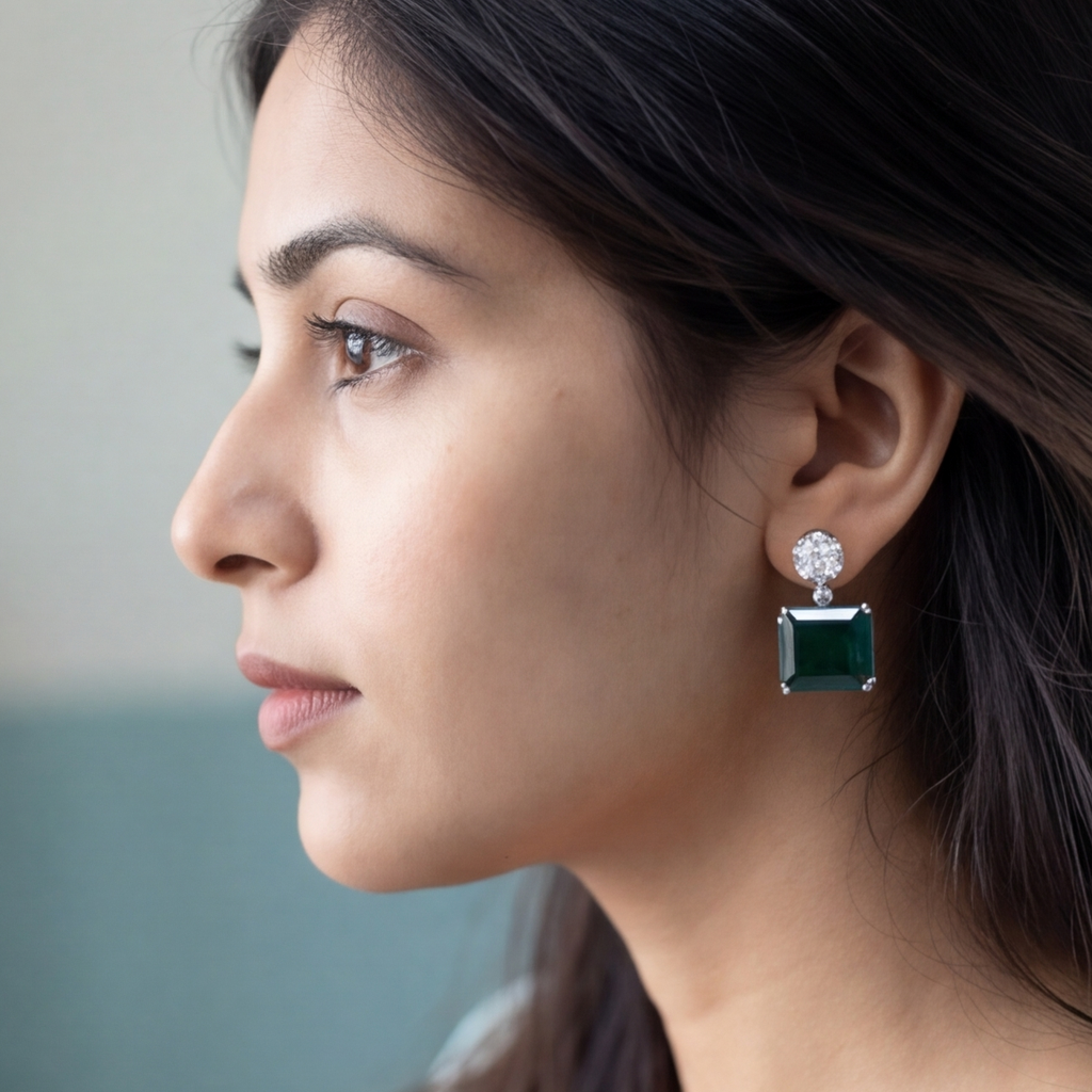 6.40 Ct. Round Lab Grown Diamond & Asscher Cut Emerald Dangle Earrings (VS-EF)