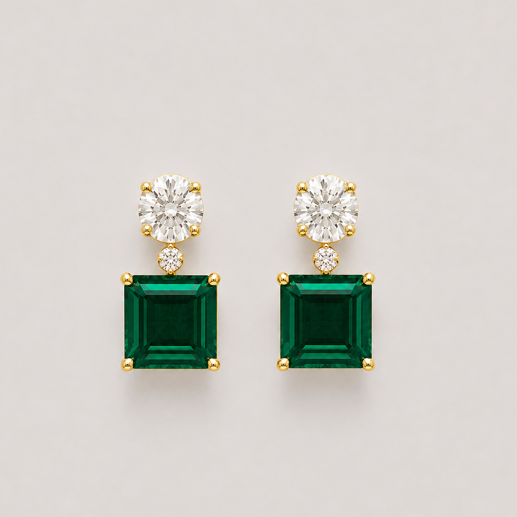 6.40 Ct. Round Lab Grown Diamond & Asscher Cut Emerald Dangle Earrings (VS-EF)
