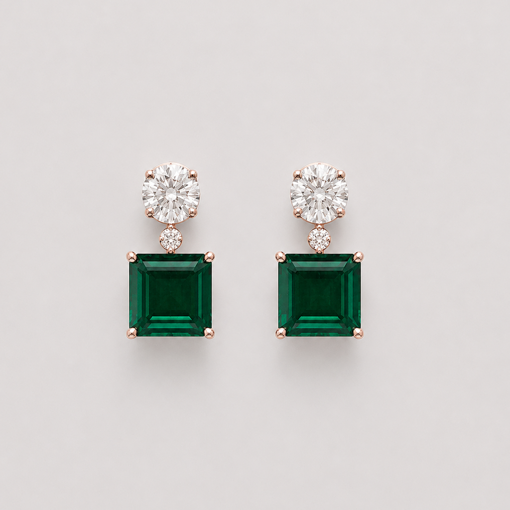 6.40 Ct. Round Lab Grown Diamond & Asscher Cut Emerald Dangle Earrings (VS-EF)