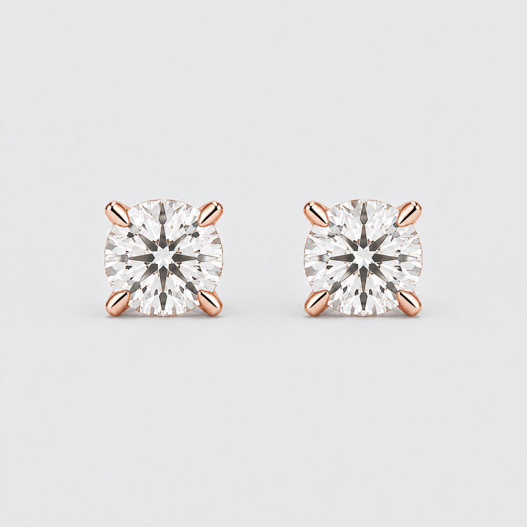 A pair of round-cut solitaire stud earrings in four-prong rose gold settings, featuring clear gemstones, shown on a light gray background.