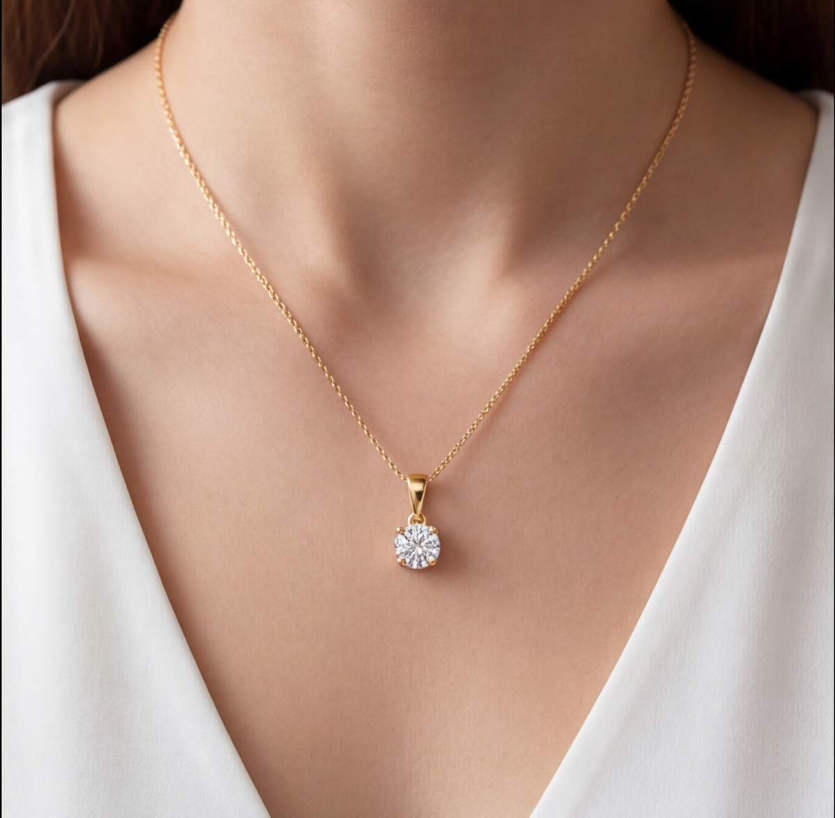 A close-up of a model wearing a delicate gold chain necklace with a round-cut clear gemstone pendant, styled with a white V-neck top.